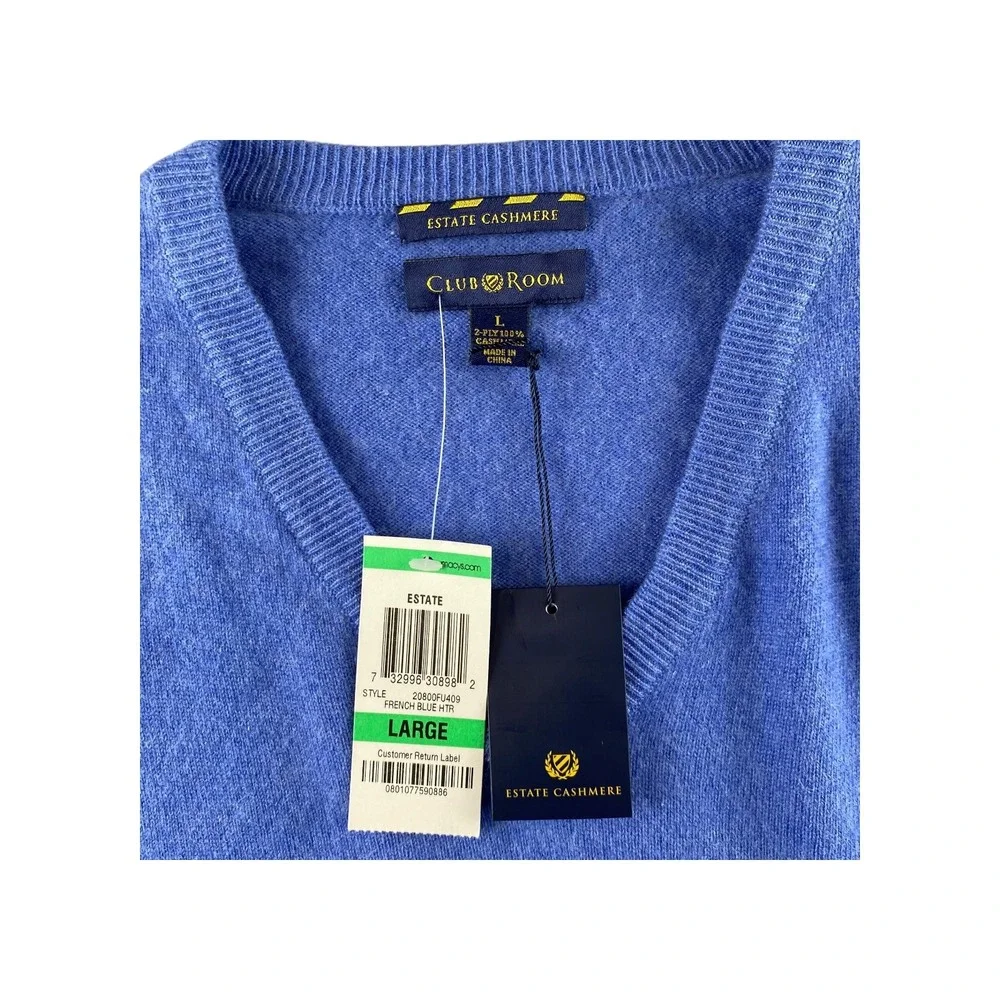 NWT Club Room Estate‎ Cashmere V Neck Sweater Men's Large Blue Pullover
